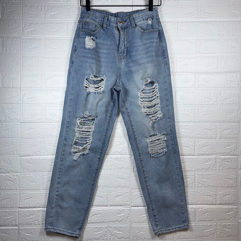 Shein Distressed Mom Jeans Womens M Blue Ripped High Rise Denim Streetwear